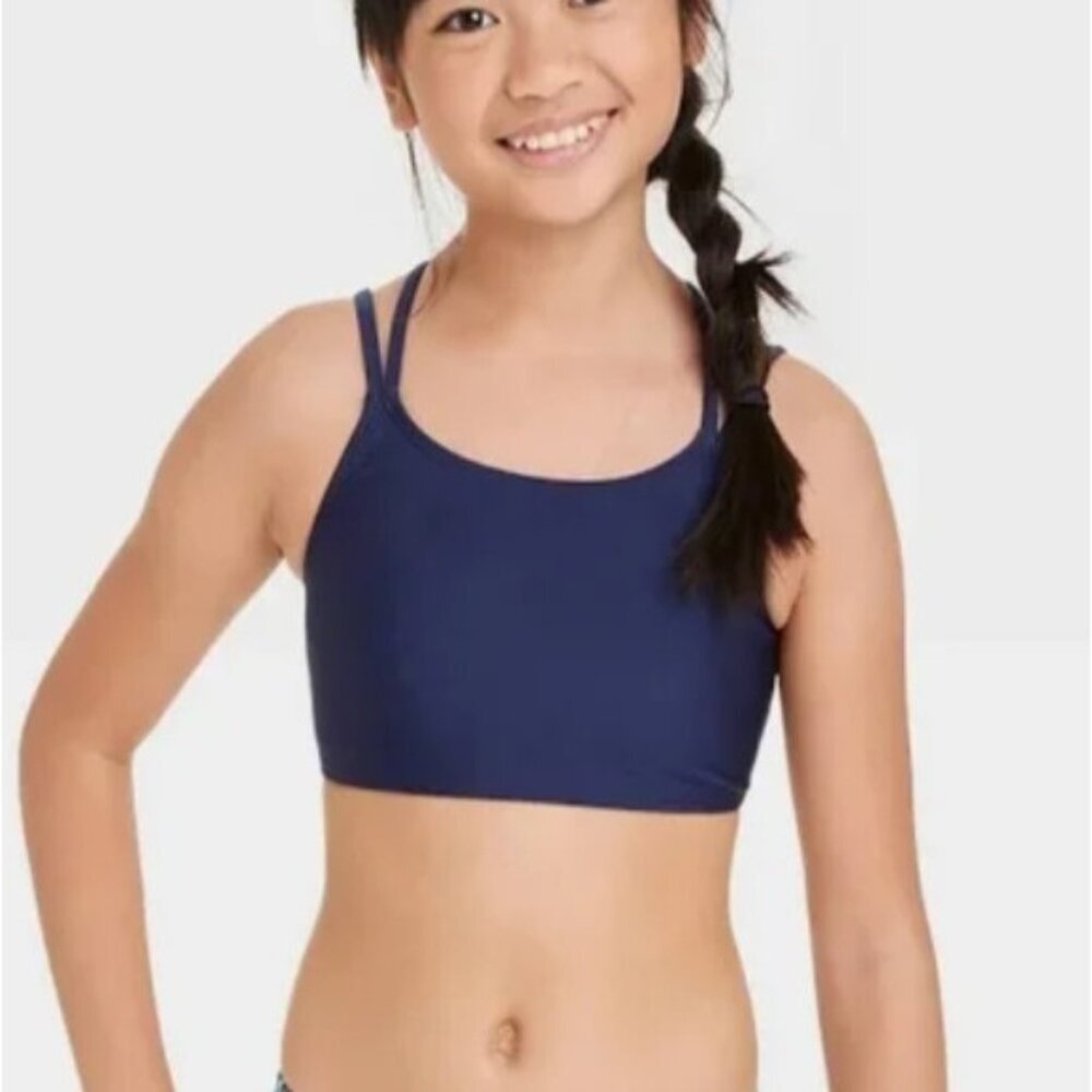 Cat & Jack Youth Girls Size Large 10/12 Solid Blue Strappy Back Bikini Top 2723